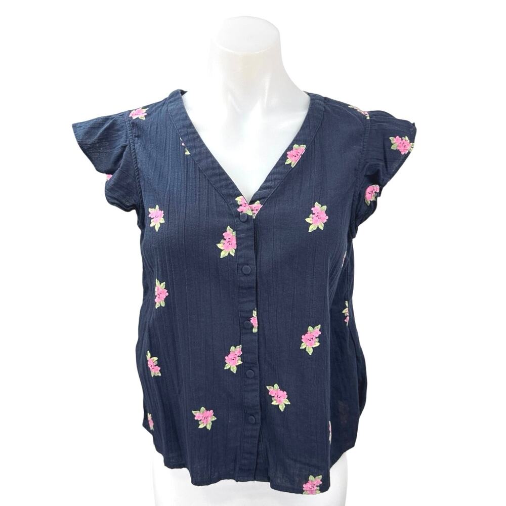 Vero Moda Navy Blue Pink Floral V Neck Ruffle Short Sleeve Blouse Top Size S